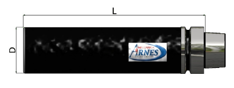 Prodotto rettangolare nero con tappo terminale argentato e logo ARIES sul lato, con dimensioni L e D indicate sopra e a sinistra.