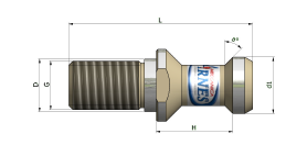 Disegno tecnico di un raccordo metallico con estremità filettata, corpo esagonale e dimensioni indicate.