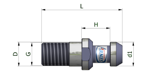 Schema tecnico di un raccordo metallico filettato con le dimensioni indicate: L, H, D, G e d1.