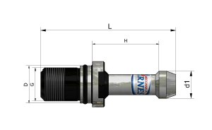 Schema dimensionale tecnico di un ugello per tubo flessibile nero e argento con le misure L, H e d1-d2 indicate.
