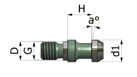Disegno tecnico di un connettore metallico verde con dimensioni H, a°, G, D e d1 indicate con frecce.