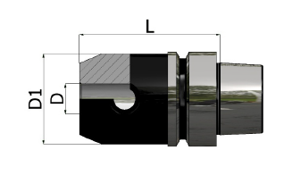 Disegno tecnico di un componente cilindrico in metallo nero con le dimensioni indicate D, D1 e L.