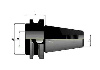 Sezione tecnica di un utensile meccanico in bianco e nero con dimensioni indicate.