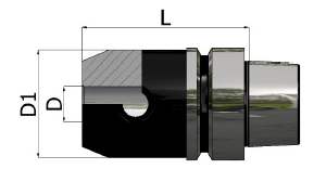 Disegno tecnico di un utensile cilindrico nero e argento con le dimensioni indicate D1, D e L.