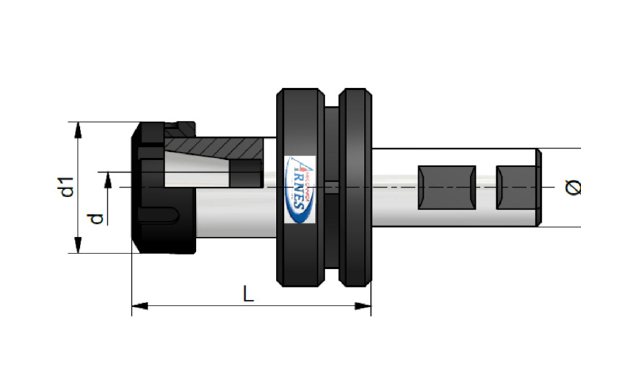 Disegno tecnico di un giunto per albero nero e argento con le dimensioni indicate d1, d, L e Ø.