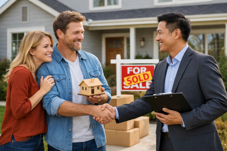 Expat couple buying home in Brisbane with buyers agent, handshake in front of sold house.