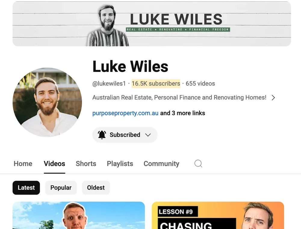 YouTube channel of Luke Wiles with profile picture, videos, and subscription status.