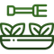 A green line icon of a fork hovering over a bowl filled with two leafy plants.
