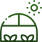 A dark green icon of a greenhouse with a small sun shining above it.