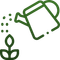 A dark green line-art icon of a watering can pouring water onto a small plant with two sets of leaves.