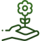 A green icon of a stylized hand holding a small patch of earth with a budding flower growing out of it.