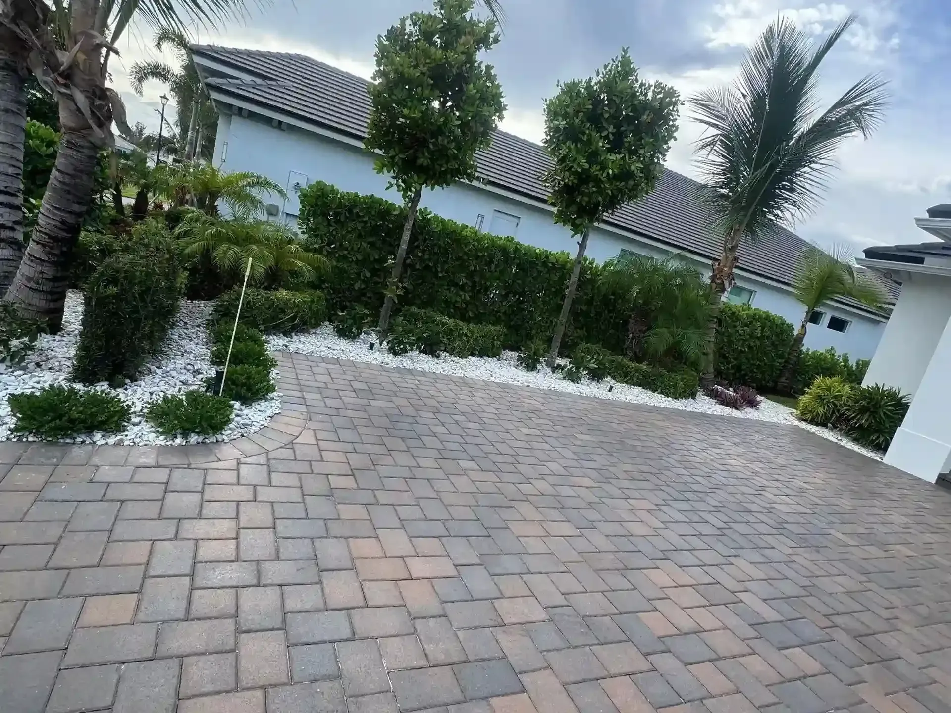 A paved driveway leads to a light-colored house framed by manicured green hedges, small trees, and white landscaping rocks.
