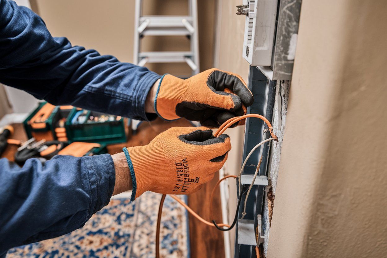 Electrician in orange gloves wiring a wall outlet; tools and ladder in the background.