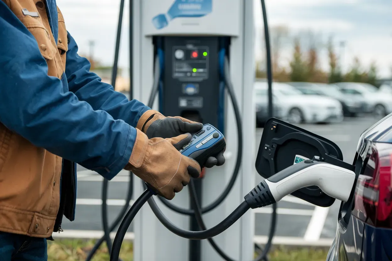 Person connecting electric vehicle charger to a car.
