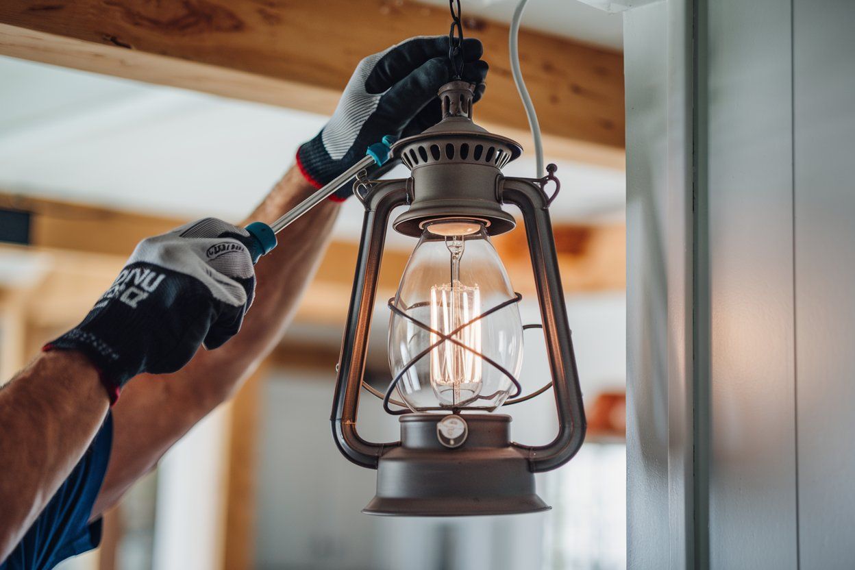 Person installing a decorative lantern light fixture with a screwdriver, wearing gloves.
