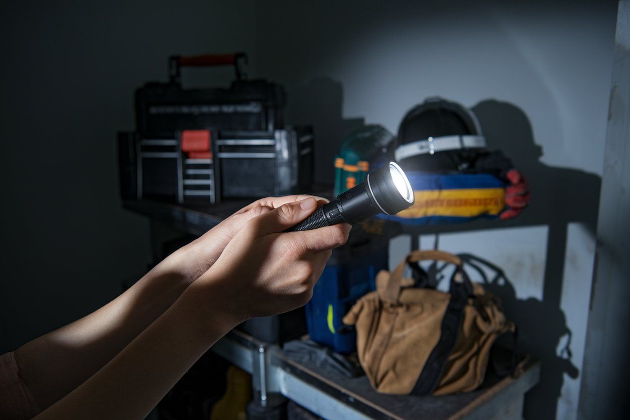 Hands holding a flashlight illuminate tools and a bag on a shelf in a dim setting.