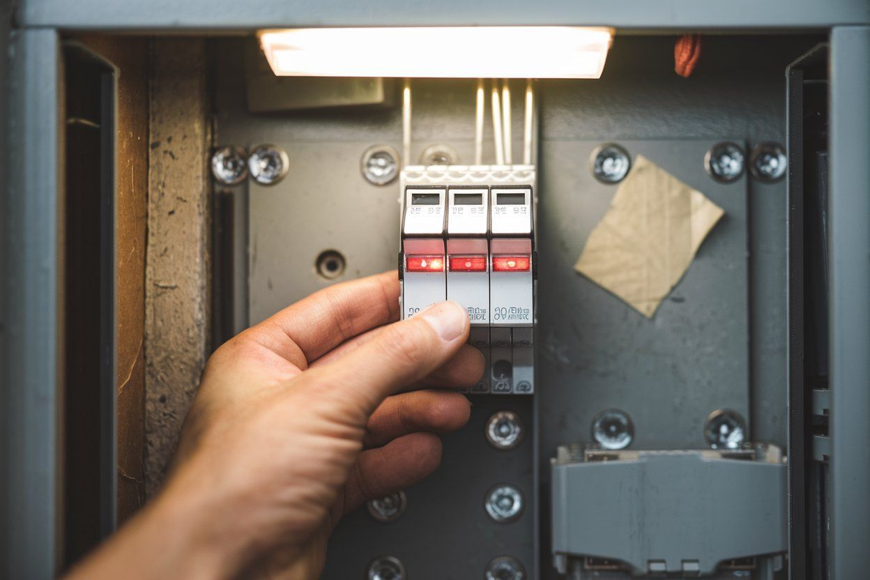 Hand holding a red circuit breaker in an electrical box. Wires, screws, and a light are visible.
