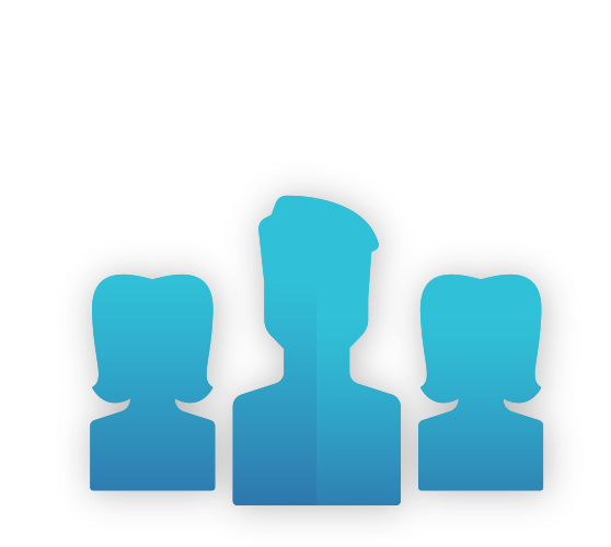 Three blue silhouettes: one taller in the center, flanked by two shorter ones, likely representing a group or team.