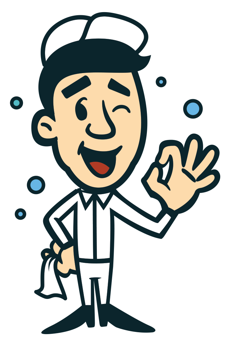 Cartoon man in a white uniform winks, gives an 