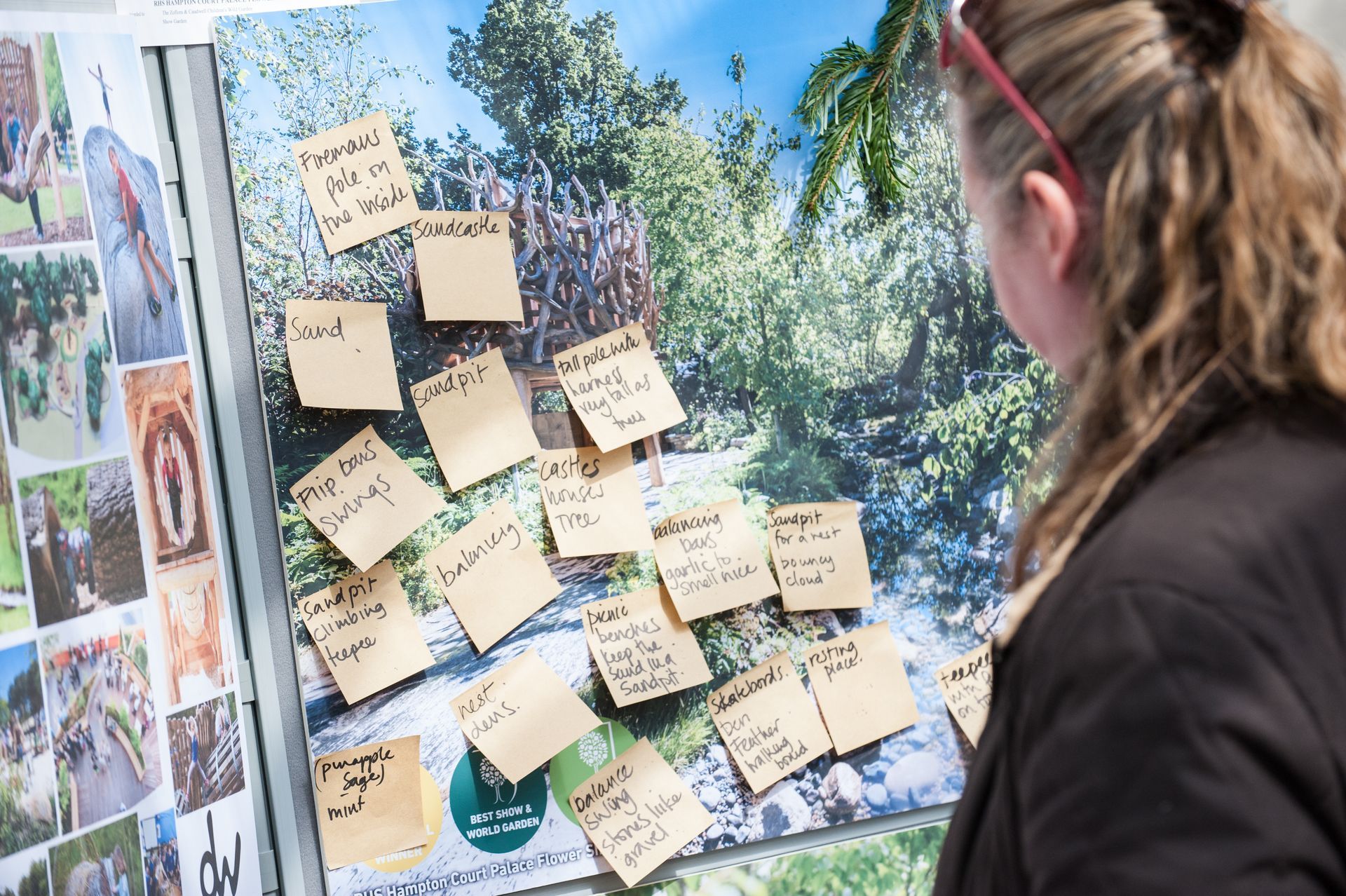 Woman looking at a board with sticky notes over an image, likely brainstorming.