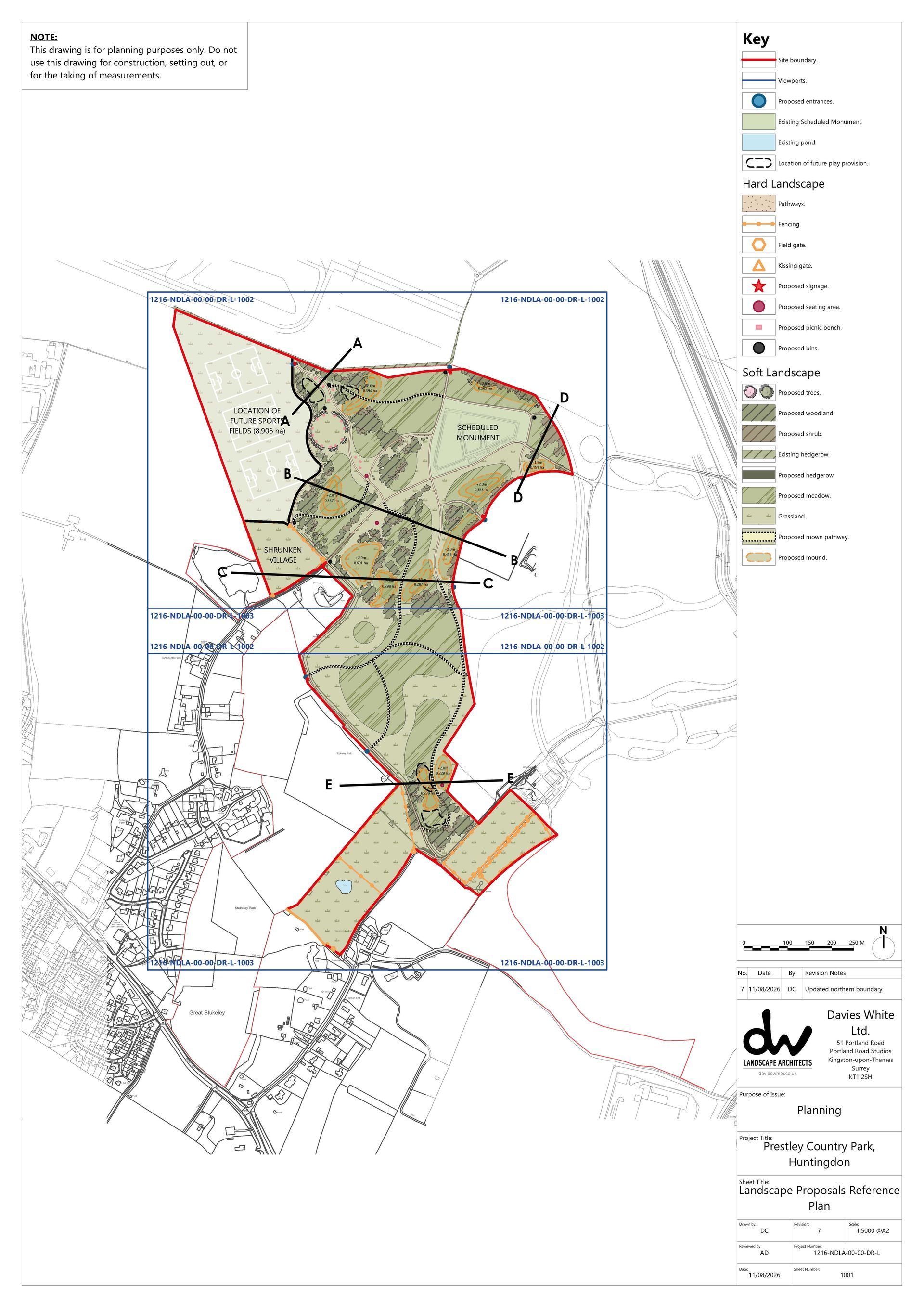A land-use map showing green spaces, pedestrian paths, and transit connections in a planned urban development project.