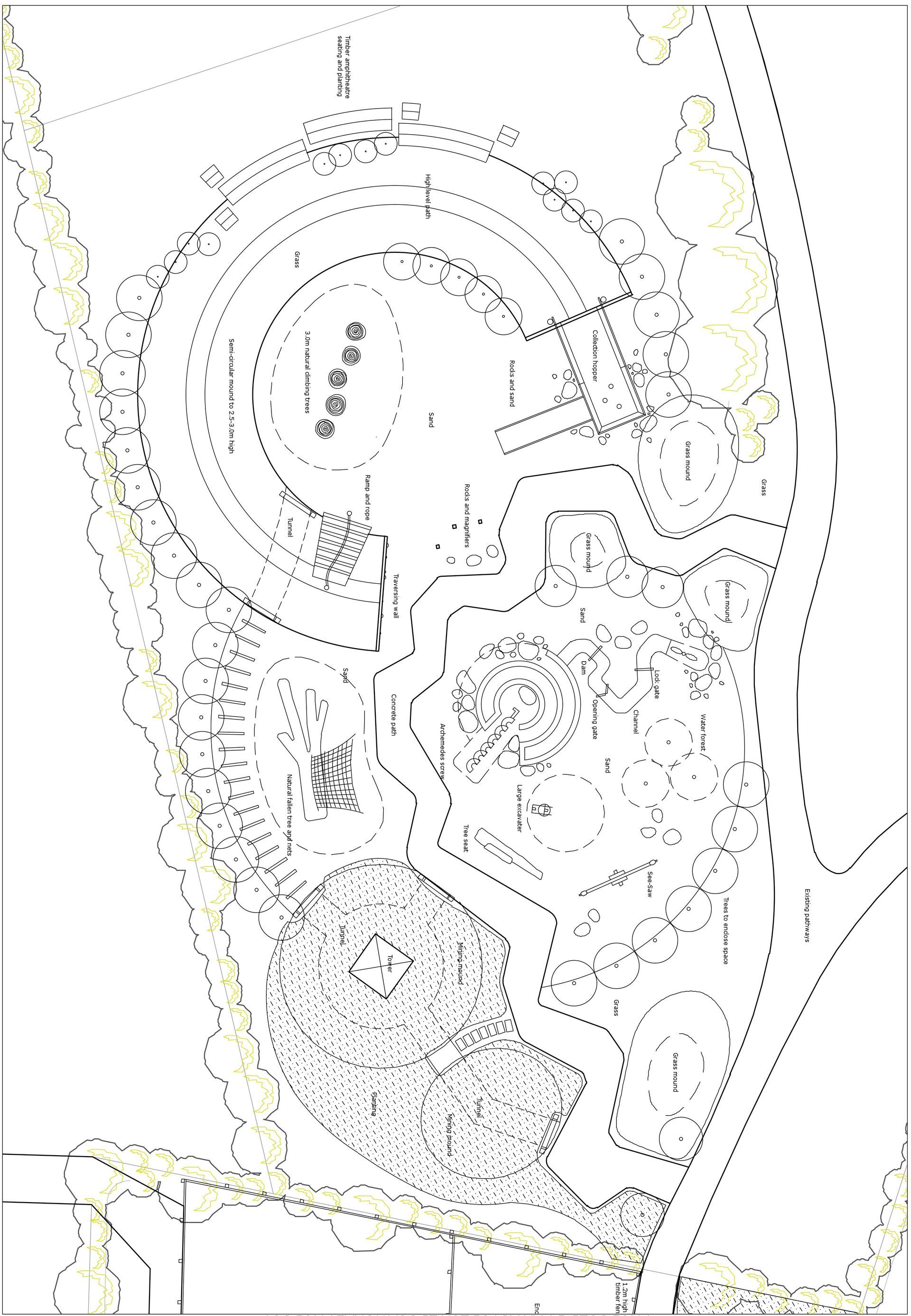 Topographical map with concentric circles, showing elevation contours, and buildings.