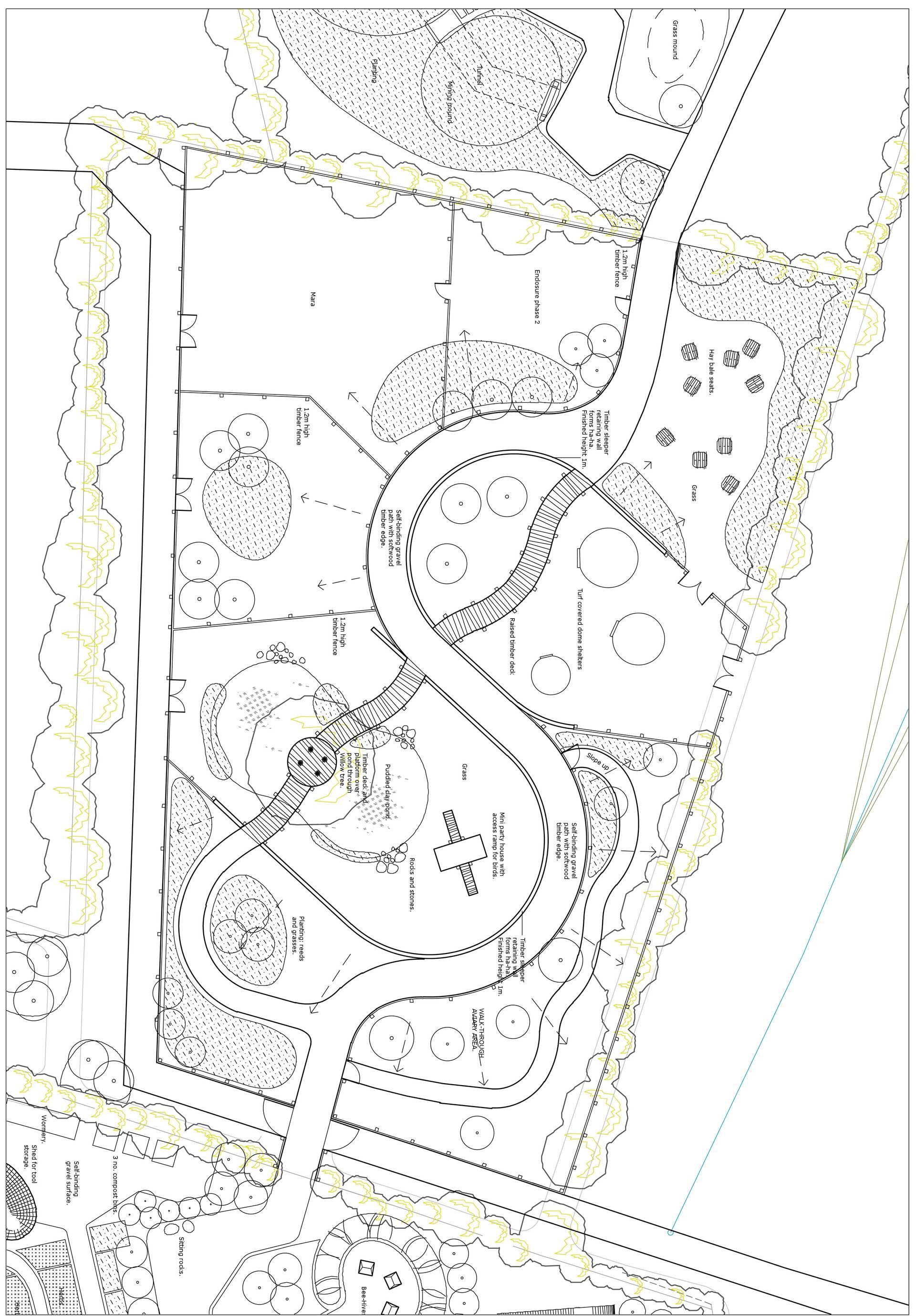 Architectural site plan with roadways, buildings, and landscaping features.