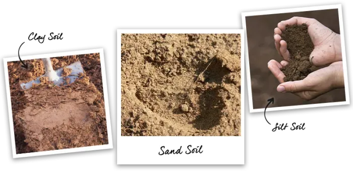 Photographs of clay, sand, and silt soil types. Each framed in a white border with text identifying the soil type.