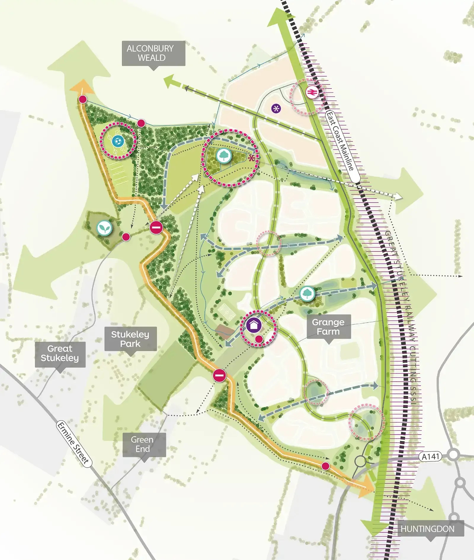 A land-use map showing green spaces, pedestrian paths, and transit connections in a planned urban development project.