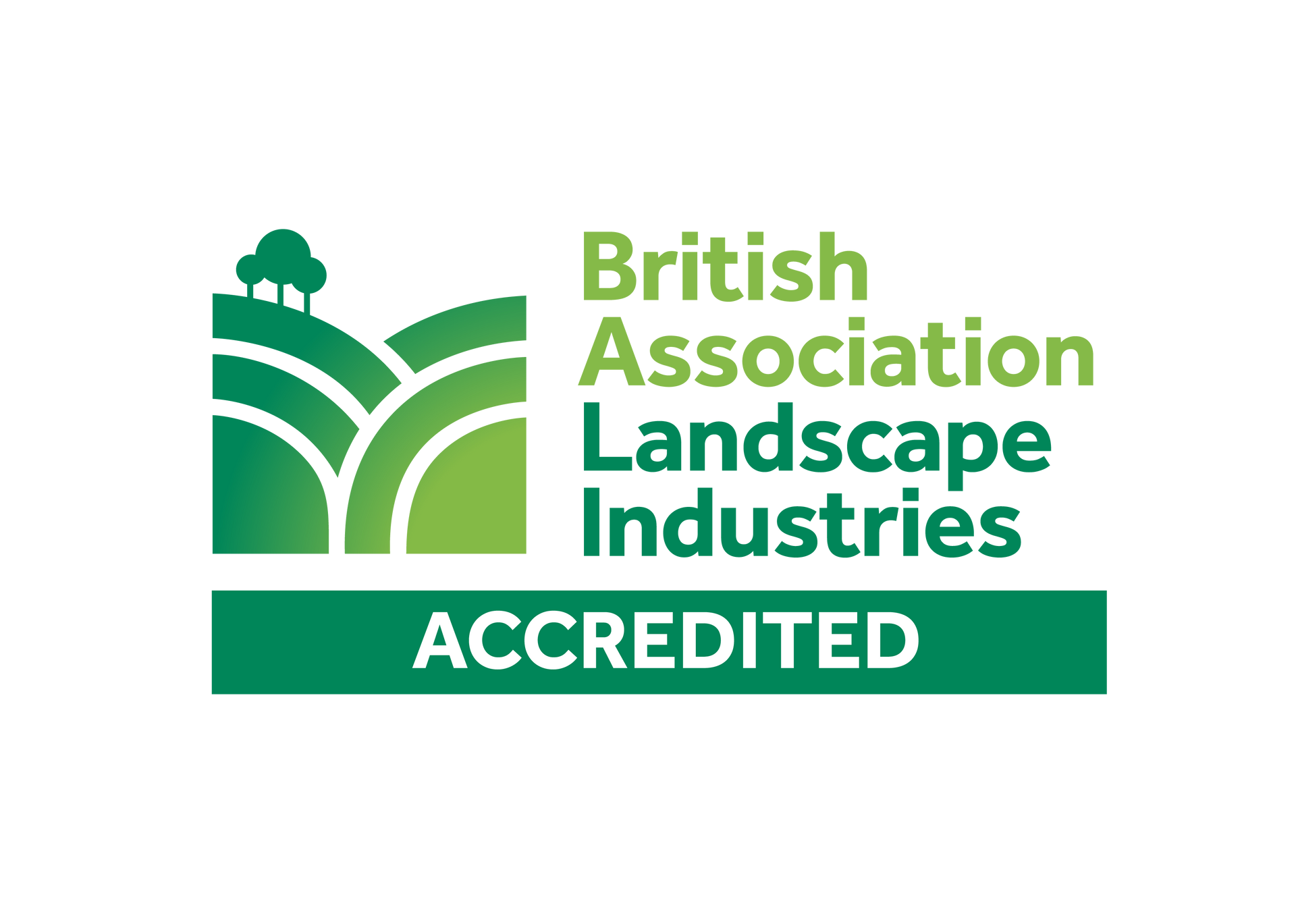 British Association of Landscape Industries logo: green rolling hills and trees, "ACCREDITED" below.