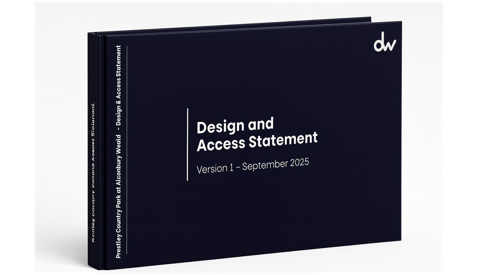 Dark navy booklet titled “Design and Access Statement” with a white “dw” logo on the cover.