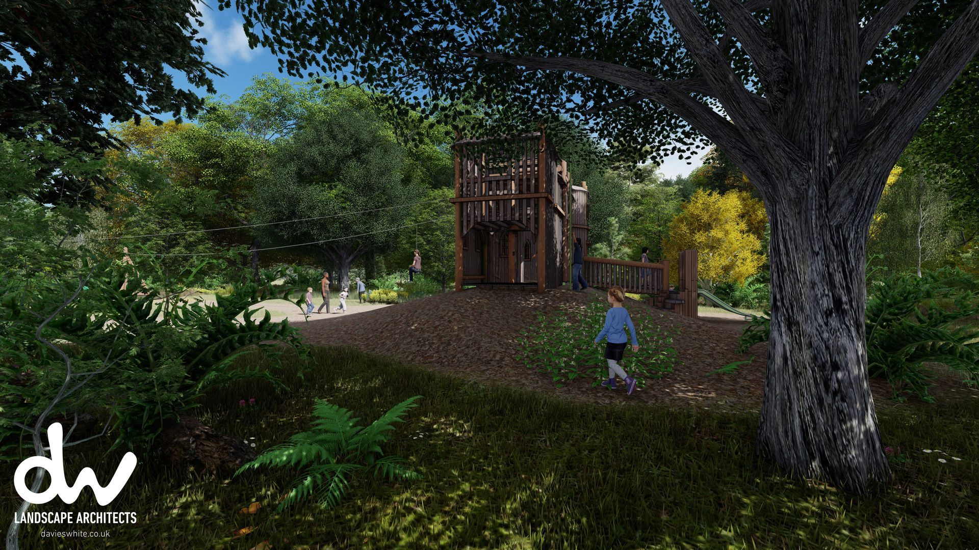 Playground structure in a wooded area, children playing on it, surrounded by trees and greenery, bright sky.