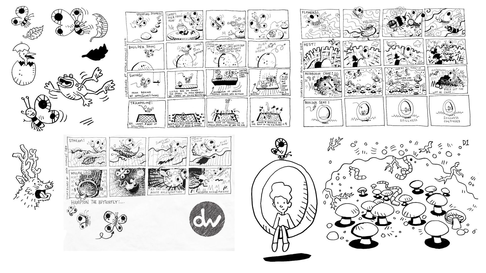 Collection of illustrations with various abstract shapes and symbols. Some appear to be news-related.