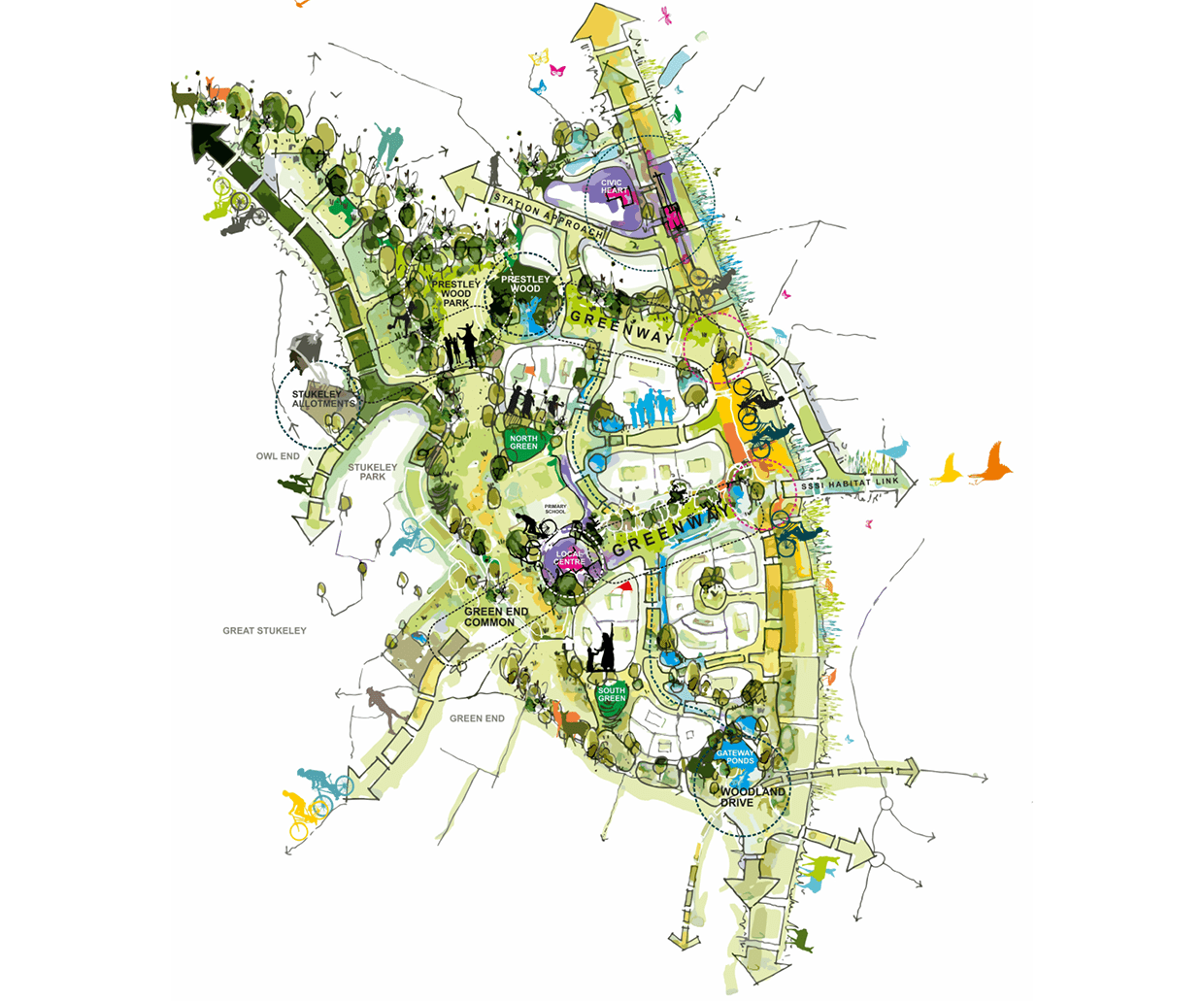 Abstract multicolored map-like city layout with streets, blocks, and waterways on a white background