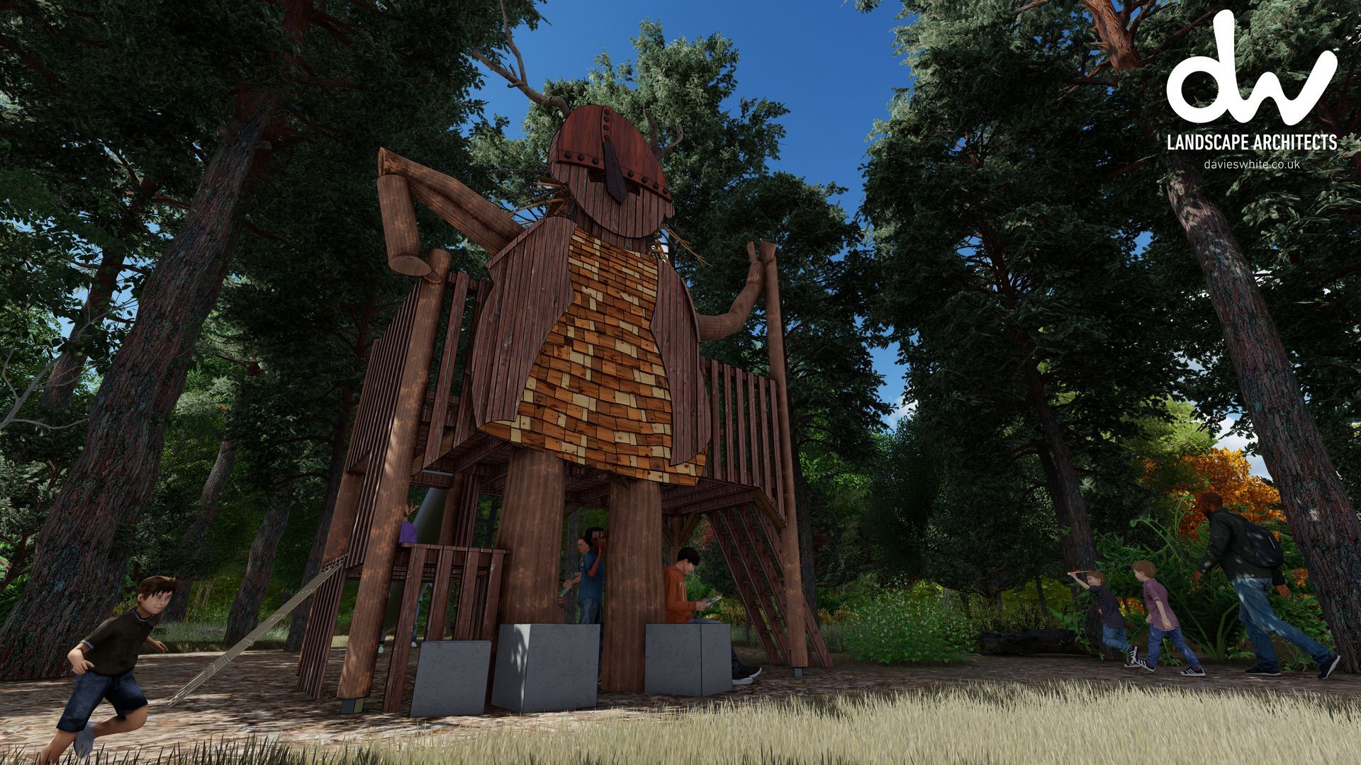 Playground made of wood in a forest setting with children playing.