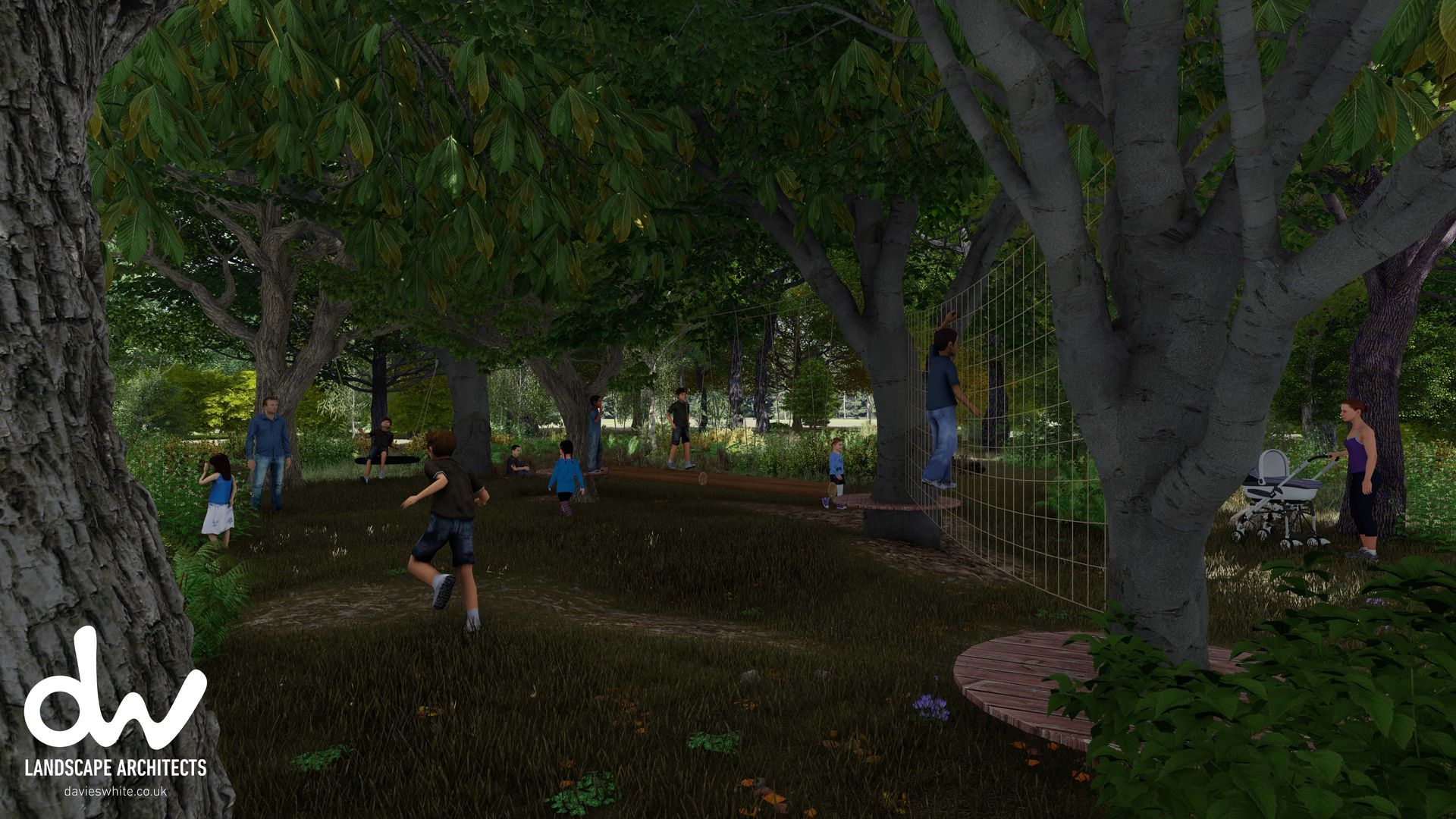 Park scene: Children play beneath large trees. People stand nearby. Green foliage, brown ground.