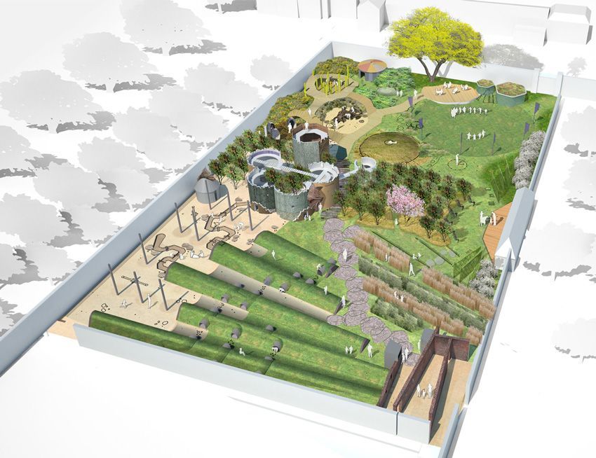 Conceptual rendering of a multi-level urban green space with buildings, paths, trees, and sloped green areas.