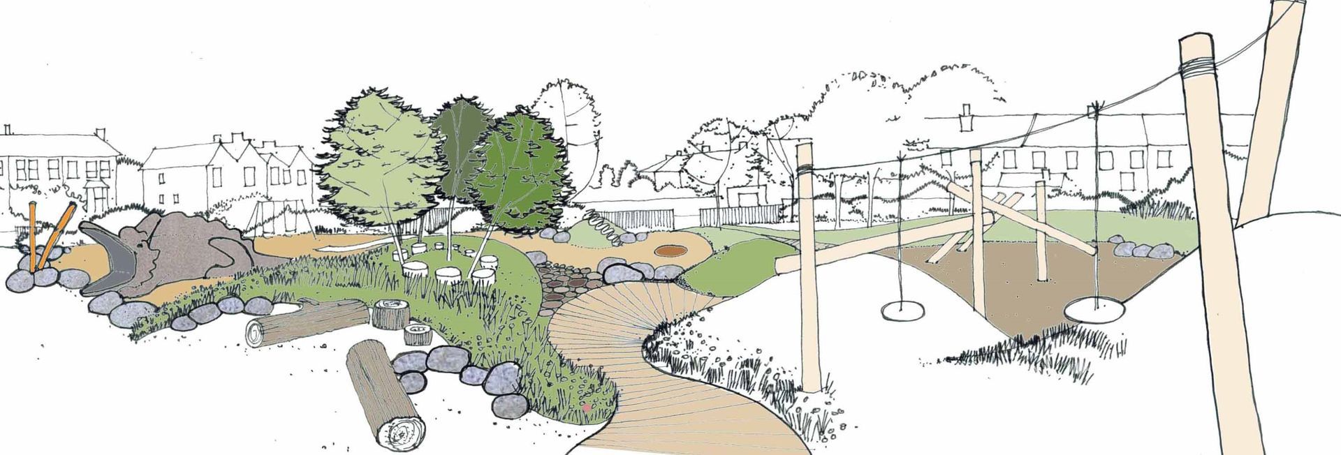 A winding path through a landscaped area with trees and power lines in the background.
