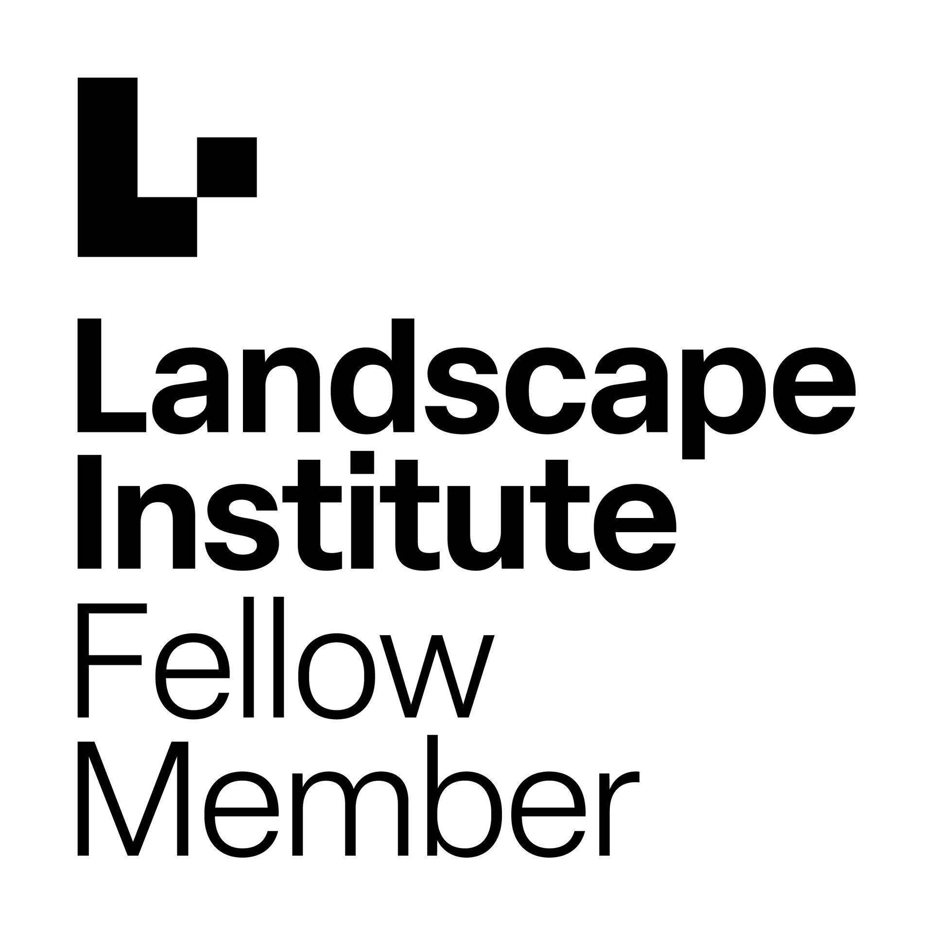 Landscape Institute Fellow Member logo: Black text and a graphic on a white background.