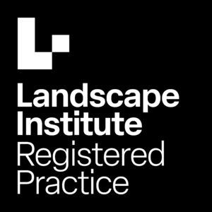 Logo for Landscape Institute Registered Practice: white stylized L-shaped icon, white text on black background.