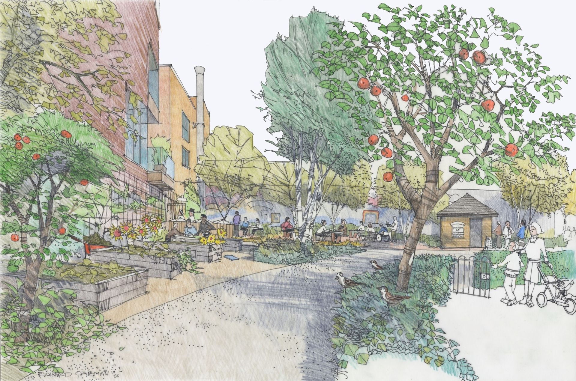 An outdoor urban park scene with trees, buildings, and people walking/sitting; apple tree in foreground.