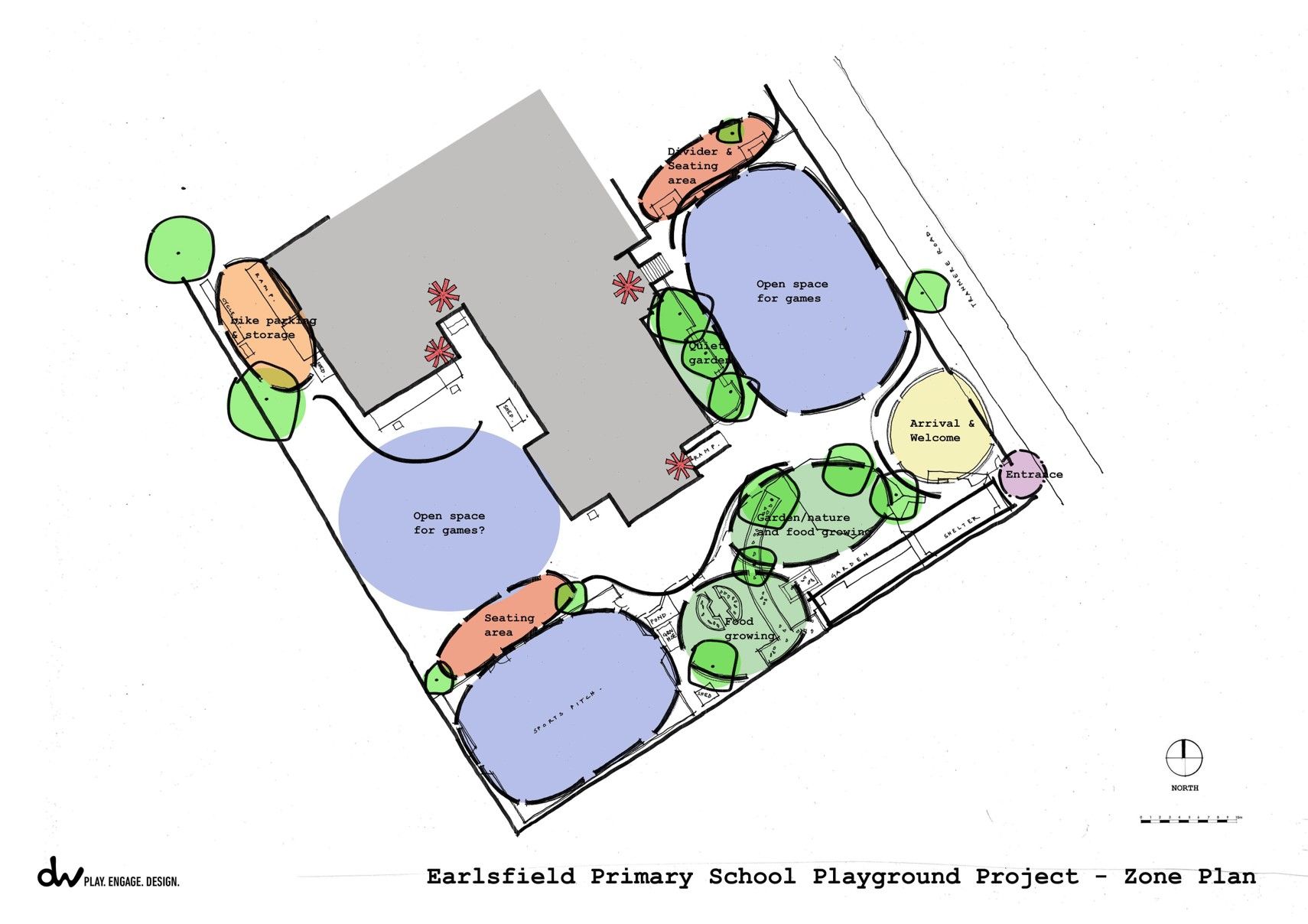 Overhead view of a schoolyard landscape design. Includes building, pathways, play areas (blue), trees, and shrubs.