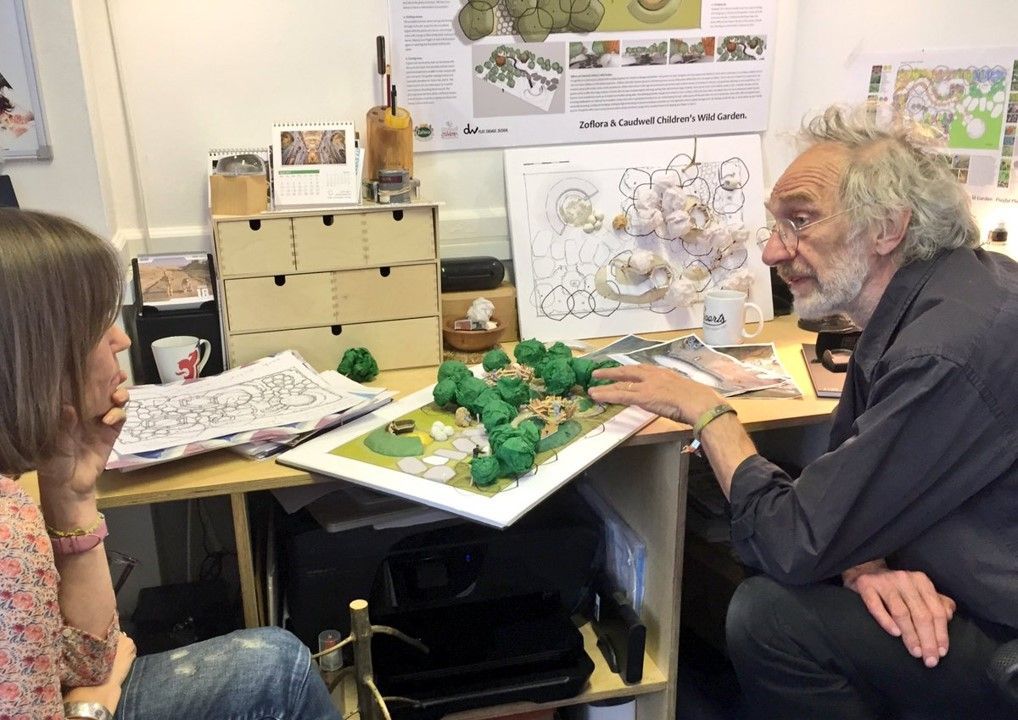 A man and woman looking at a model landscape; office setting with drawings and plans.