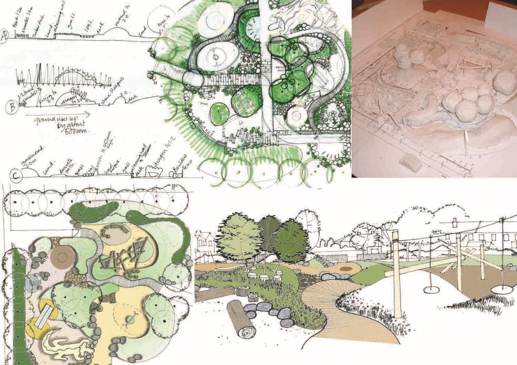 Landscape design sketches and model depicting park elements with winding paths and trees.