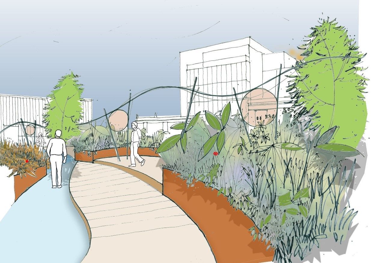 A landscaped walkway with planters and greenery, people walking. Buildings are in the background.