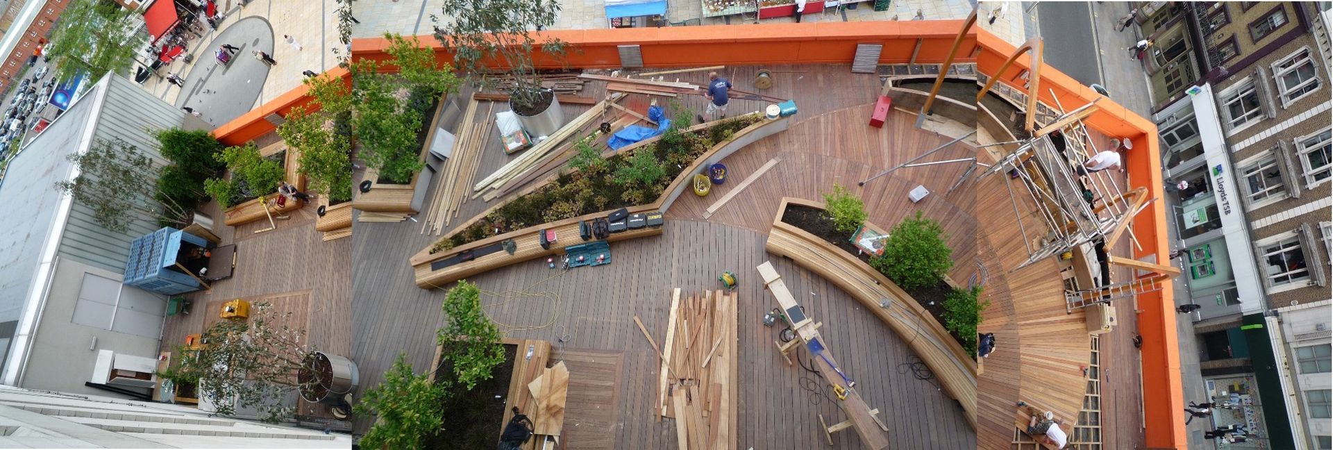 An aerial view of a plaza with trees, benches, and an orange perimeter.