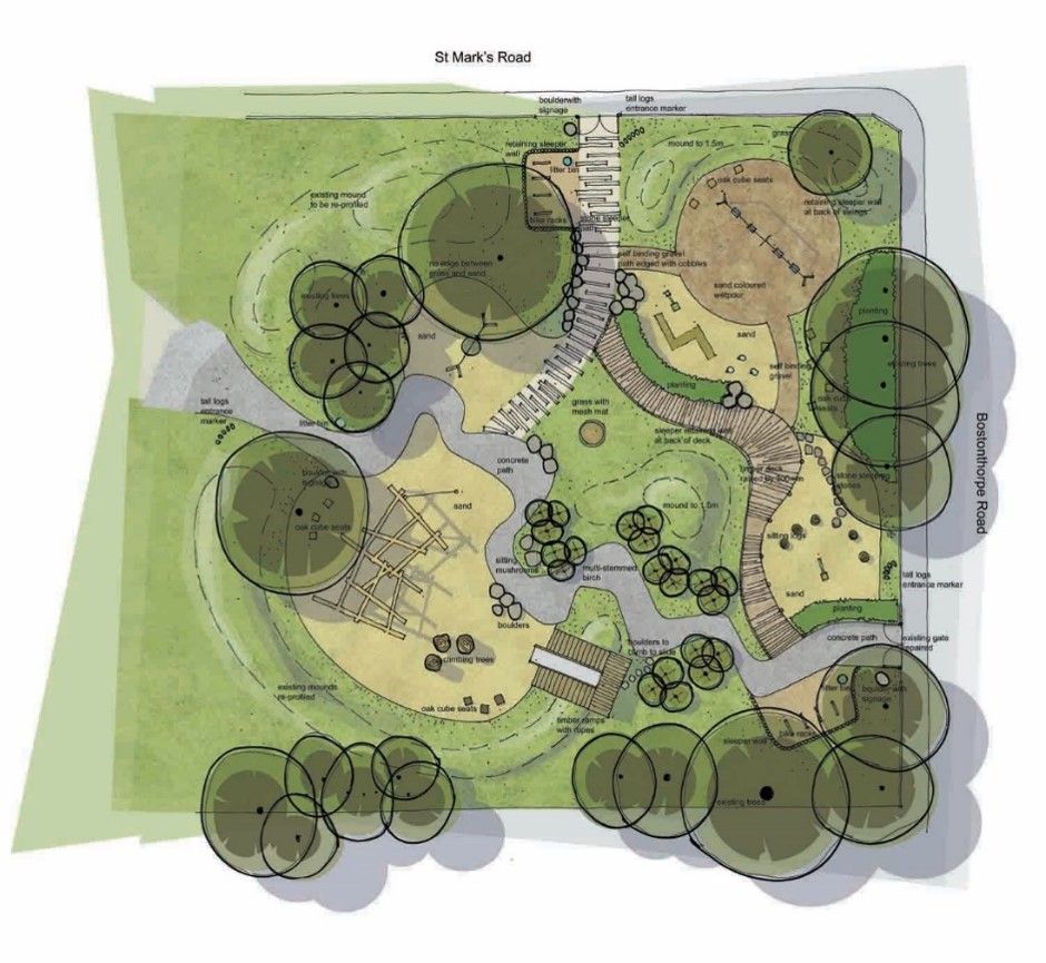 Top-down plan of a park with trees, pathways, play areas, and grassy spaces; in green, brown, and gray.
