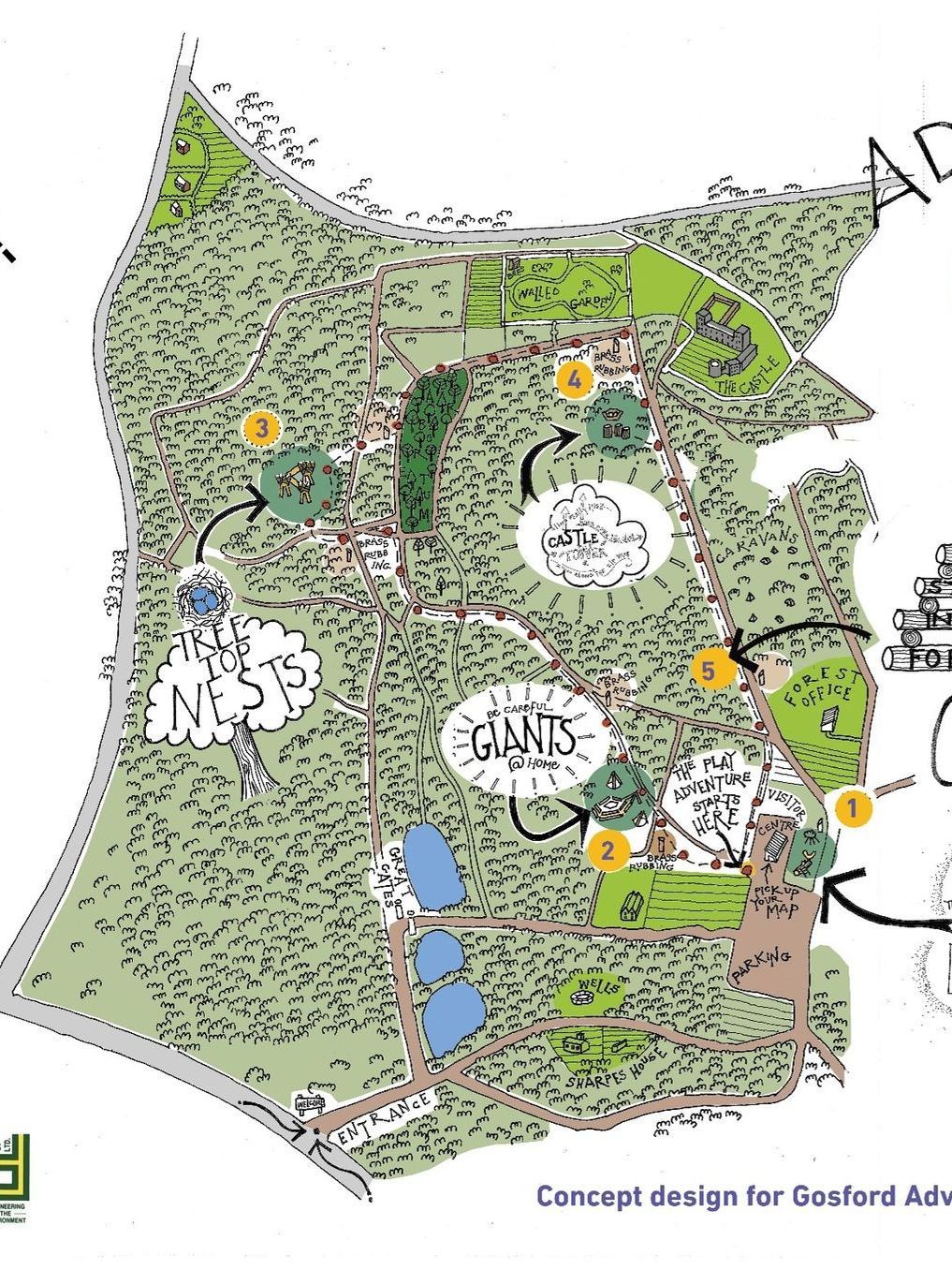 Park plan with walking paths, trees, ponds, and numbered areas.