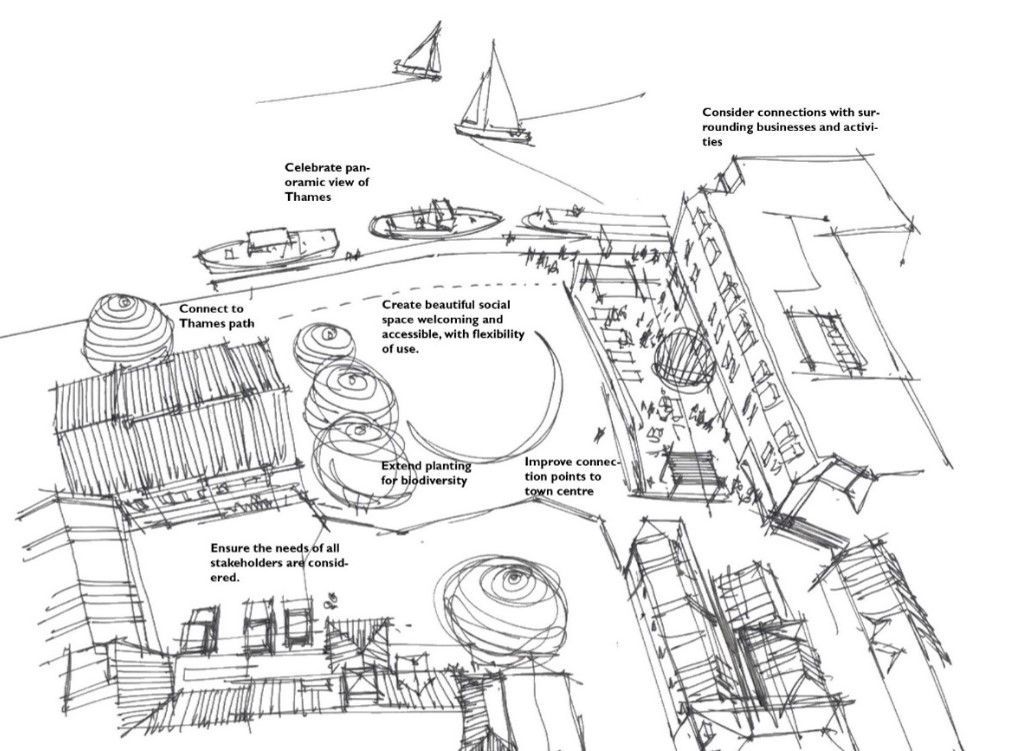 Sketch of a waterfront with boats, people, and a circular gathering space with trees.