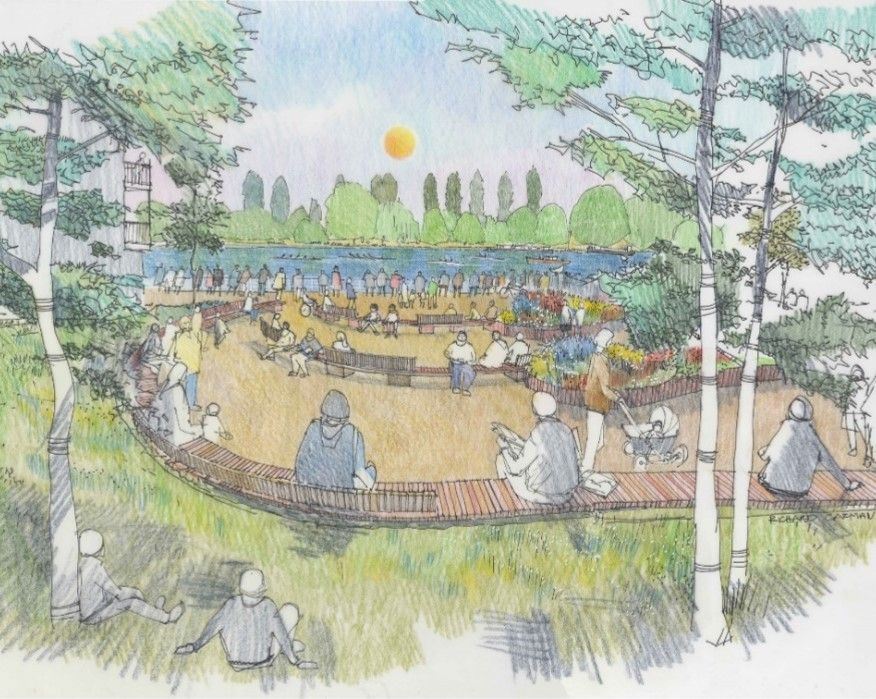 Park scene with people relaxing, sun shining over the water, trees surrounding.